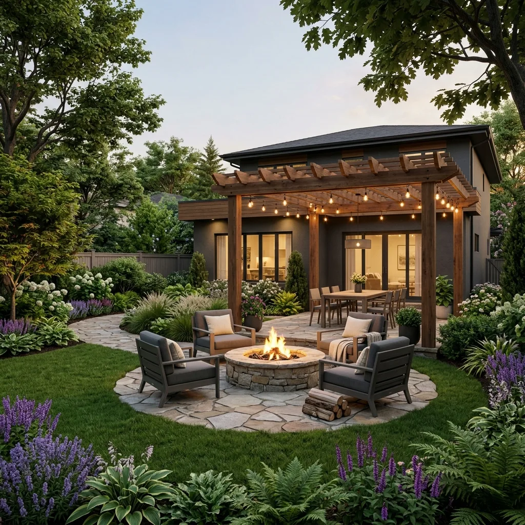 3D rendering of full backyard with pergola and firepit