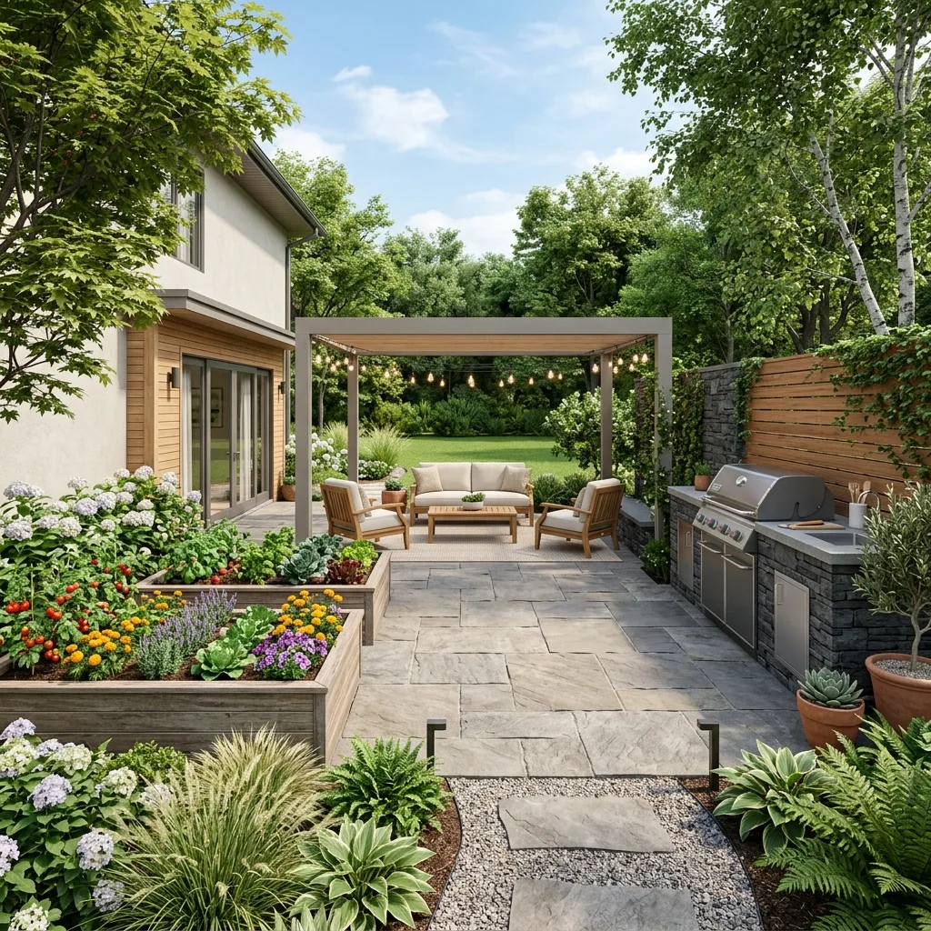 3D rendering of raised beds with built-in grill