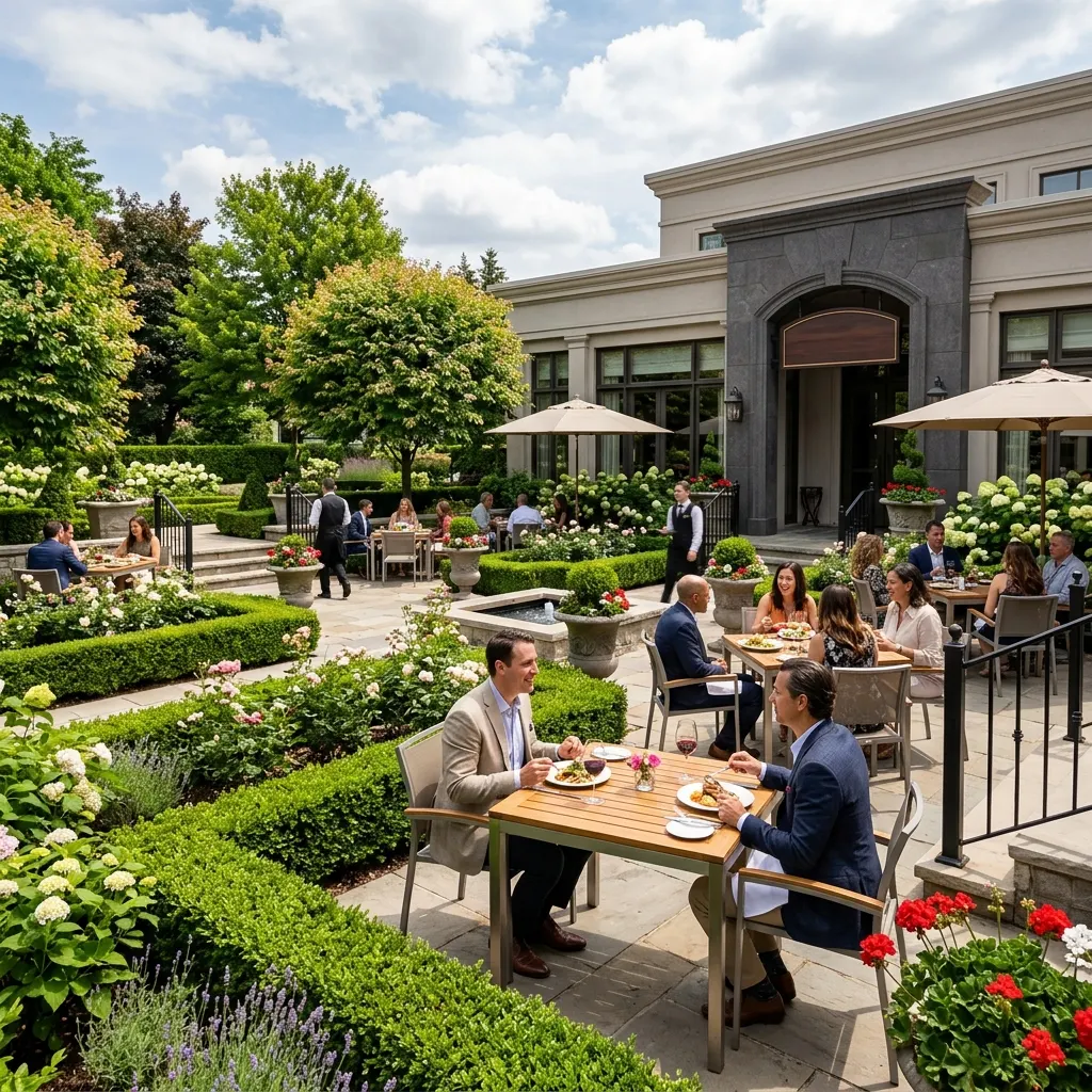 Upscale restaurant outdoor dining patio with shade trees