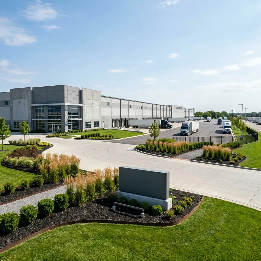 Large logistics campus entrance with clean low-maintenance landscaping