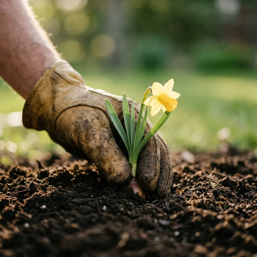 Careful hand planting a seedling into rich soil
