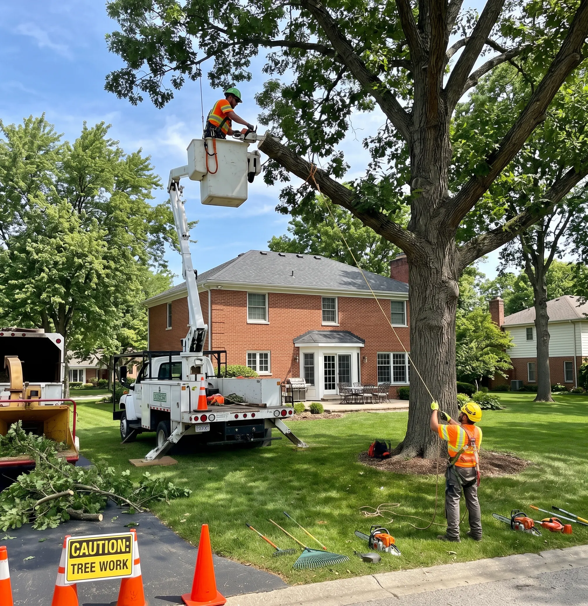 Tree trimming crew working at a residential property