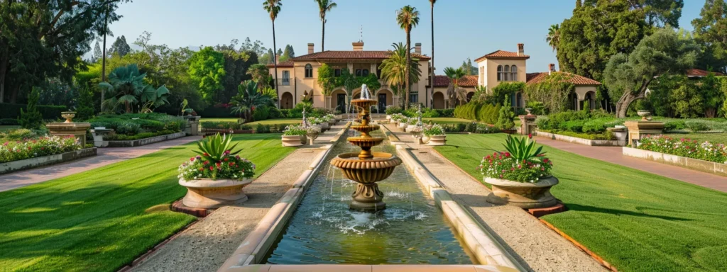 a sprawling, immaculately manicured estate with lush green lawns, vibrant flowers, and elegant fountains.
